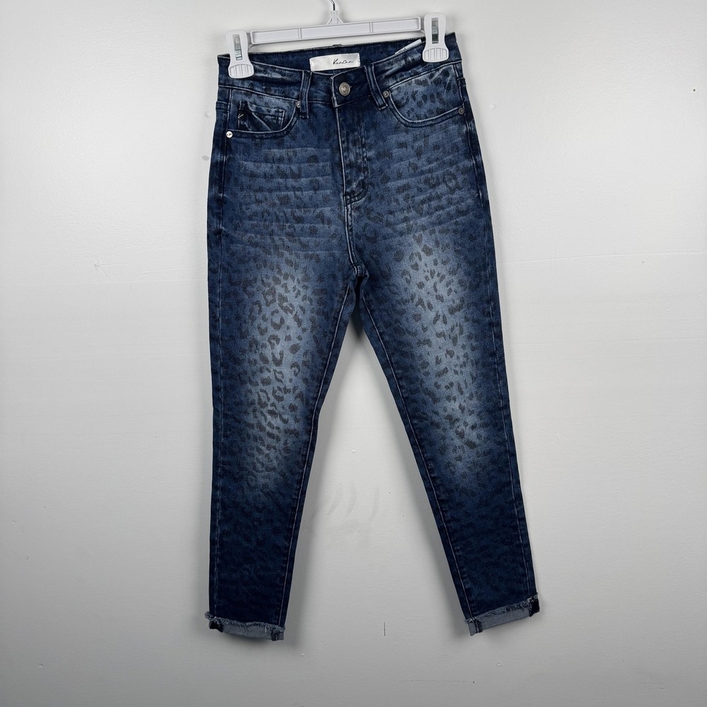 KanCan Jeans Womens 5 26 (25x24) Blue Leopard Print High Rise Skinny Frayed Hem